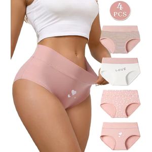 Set van 4x Dames Onderbroeken – High-Waist Slips – Roze & Wit met Hartjes – Comfortabel, Ademend & Zacht Katoen – Maat M