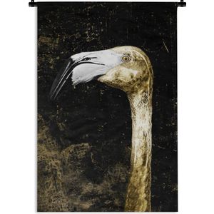 Wandkleed FlamingoKerst illustraties - Portret van een gouden flamingo op een zwarte achtergrond met gouden vlekken Wandkleed katoen 60x90 cm - Wandtapijt met foto