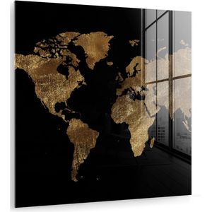 Glasschilderij - Wereldkaart - Bruin - Design - Glasplaat - Foto op glas - Glasschilderijen woonkamer - Schilderij op glas - 90x90 cm - Muurdecoratie - Wanddecoratie - Slaapkamer - Kamer decoratie