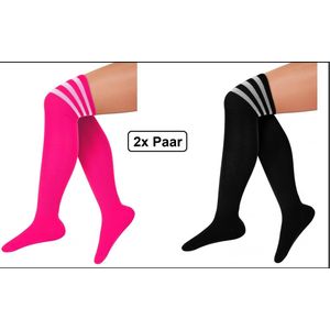 2x Paar Lange sokken fluor roze en zwart met witte strepen - maat 36-41 - kniekousen overknee kousen sportsokken cheerleader carnaval voetbal hockey unisex festival