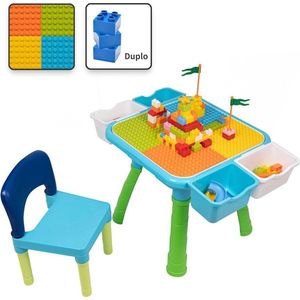 Decopatent® - Kindertafel met 1 Stoeltje - Speeltafel met bouwplaat en Tafel kant - 4 Bakjes - Geschikt voor Duplo® Bouwstenen