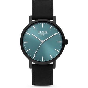 Frank 1967 7FW-0001 - Metalen horloge met lederen band - zwart en blauw -Doorsnee 42 mm