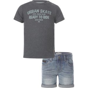 Koko Noko - Kledingset - 2 delig - Short Blauw denim - Shirt Steel Blue met tekstprint - Maat 122