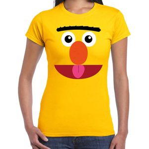 Geel cartoon knuffel gezicht verkleed t-shirt geel voor dames - Carnaval fun shirt / kleding / kostuum XL