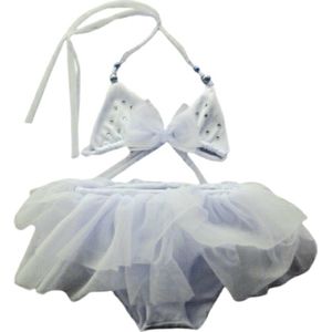 Maat 134  Luxe Bikini zwemkleding Wit met steentjes en strik badkleding tule rok voor baby en kind zwem kleding