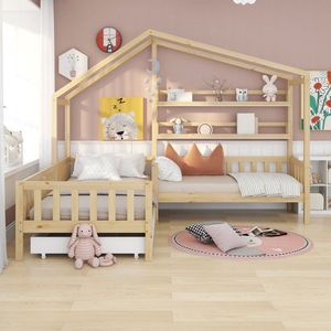 KOMHTOM Kinderbed Kajuitbed met laden en planken massief hout met rail en lattenbodem L-vormig frame naturel