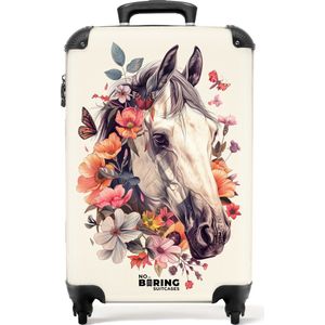 NoBoringSuitcases.com® - Kinderkoffer - Kindertrolley - Wit paardenhoofd omringd door bloemen en vlinders - Handbagage koffer lichtgewicht - Reiskoffer trolley - Rolkoffer met wieltjes - Past binnen 55x40x20 en 55x35x25
