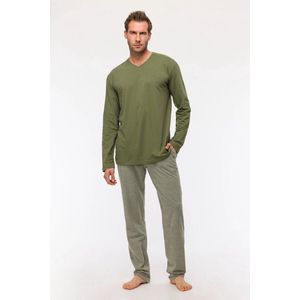 Woody Heren Pyjama – Katoen – Olijfgroen & Gestreept – Comfortabel en Ademend - Maat XXL