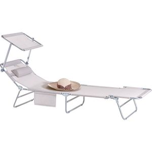 Verstelbare ligstoel met luifel - Tuinligstoel - Strandligstoel - Duurzaam metalen frame - Synthetische vezelstof - Opbergvak - 195 cm x 90 cm x 63 cm