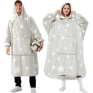 Oversized hoodie-deken, sherpa sweatshirt deken, knuffeltrui voor dames heren en volwassenen - XL - grijs/sterren