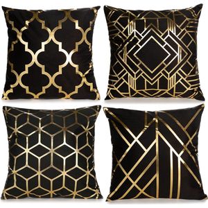 Fluwelen Kussensloop Set - Decoratieve Kussens - 4 Stuks - Zwart Goud - 45 x 45 cm