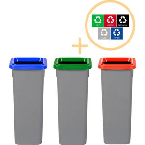 Plafor Fit Bin, Prullenbak voor afvalscheiding - 20L – Set van 3, Blauw/Groen/Rood - Inclusief 5-delige Stickerset - Afvalbak voor gemakkelijk Afval Scheiden en Recycling - Afvalemmer - Vuilnisbak voor Huishouden, Keuken en Kantoor - Afvalbakken