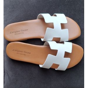 Wite plat slippers-plat muiltjes in echt leer maat 36