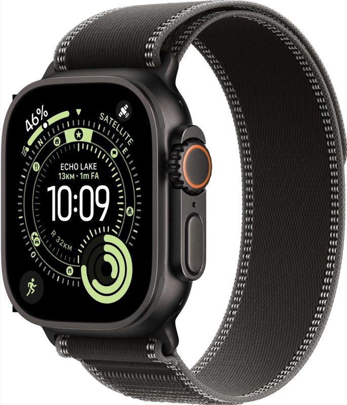 Apple - Watch Ultra 3 - Smartwatch - 49mm - Zwart Titanium Behuizing - Zwart/Charcoal Trail Loop M/L