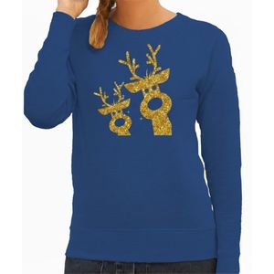 Bellatio Decorations kersttrui / sweater - dames - gouden rendieren - blauw - glitter goud - kerstborrel kleding XS