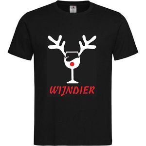 T-shirt Unisex Volwassenen Fout Foute Kerst Kerstmis Wijn Vrouw Grappig Tekst ""Wijndier"" met gewei Rendier Op Voorkant | korte mouw | Zwart/Wit/Rood | maat L