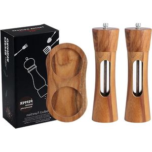 Handmatige zout- en pepermolen set van 2 - verstelbare keramische kern - inclusief houten voet salt and pepper grinder set copper