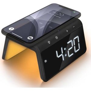Digitale Wekker met Draadloze Oplaadstation - Wekverlichting en Dimbare LED-display - Zwart - Compact