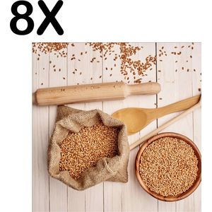 BWK Textiele Placemat - Natuurlijke Ingredienten met Houten Keukengerei - Set van 8 Placemats - 50x50 cm - Polyester Stof - Afneembaar