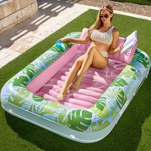 Opblaasbare zonnebank ligstoel vlotter voor zwembad, extra groot formaat 177,8 x 117,8 cm, inclusief kussen en drankhouders, UV-bestendig PVC, ideaal voor volwassenen en kinderen
