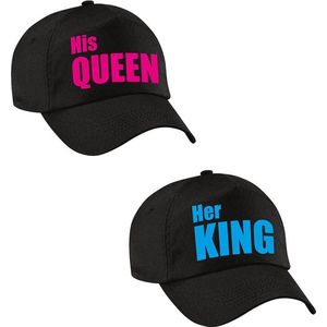 Her King en His Queen caps / petten zwart met blauwe en roze tekst voor volwassenen - Koningsdag - verkleedpet / feestpet voor koppels