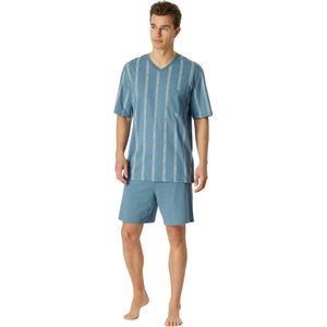 SCHIESSER Comfort Nightwear pyjamaset - heren pyjama short organic cotton V-hals borstzak blauw-grijs geruit - Maat: XL