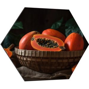 Dibond Hexagon - Papaja - Fruit - Oranje - Pitten - Mandje - Kleuren - 70x60.9 cm Foto op Hexagon (Met Ophangsysteem)
