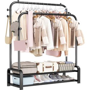 Multifunctionele vrijstaande kledingstandaard met dubbele hengeldesign kleerhangers, 8 haken en 2 schoenenrekken voor slaapkamer, kapstok, zwart