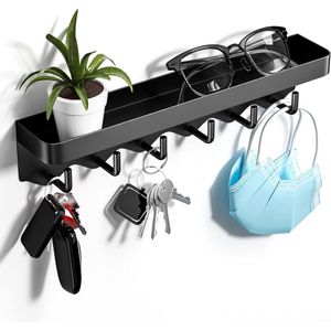 Sleutelrekje - Zelfklevend - Sleutelhouder - met legplank en 6 haken - Sleutelkastje - Plakstrip/Schroefjes - Sleutelkastje - Sleutelbord - Geschikt Voor sleutels of keukenbestek - Zwart