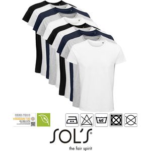 10 Pack Sol's Heren T-Shirt 100% biologisch katoen Ronde hals Zwart, Donker Blauw, Grijs, Lichtgrijs gemeleerd, wit Maat M