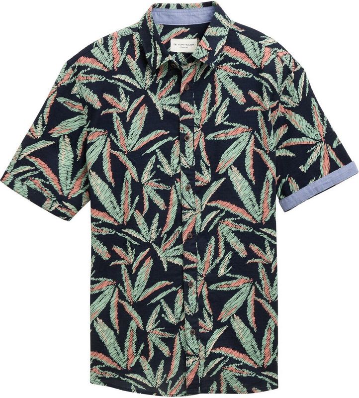 TOM TAILOR - 1045090 - Herenhemd - Marineblauw - Korte Mouwen - Meerbladig Design