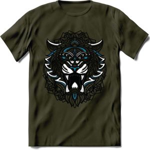 Tijger - Dieren Mandala T-Shirt | Blauw | Grappig Verjaardag Zentangle Dierenkop Cadeau Shirt | Dames - Heren - Unisex | Wildlife Tshirt Kleding Kado | - Leger Groen - L