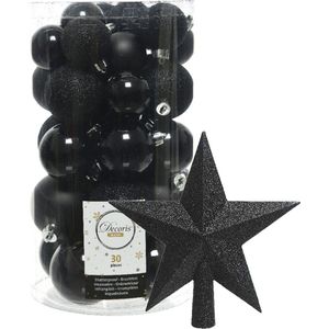 Decoris kerstballen 30x stuks - zwart 4/5/6 cm kunststof mat/glans/glitter mix en kunststof piek 19 cm