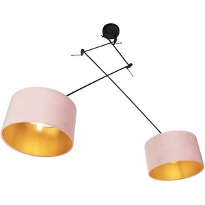QAZQA blitz - Landelijke Hanglamp met kap - 2 lichts - L 750 mm - Zwart Goud - Woonkamer | Slaapkamer | Keuken