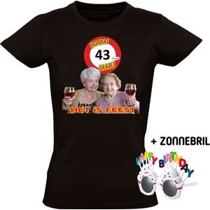 Hoera 43 jaar! Het is feest Dames T-shirt + Happy birthday bril - verjaardag - jarig - 43e verjaardag - oma - wijn - grappig