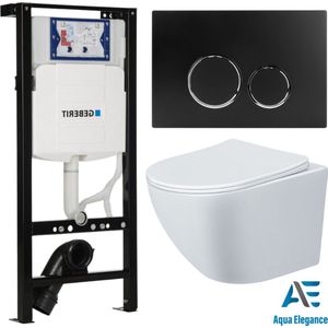 Aqua Elegance - Toiletset - Glans Wit - UP320 - Doppio - Soft Close - Rimless - 36x48x32 - Mat Zwart / Chroom