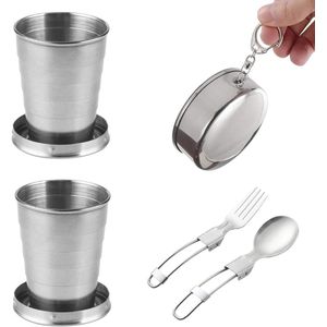 Allecto Plus - Roestvrijstalen Opvouwbare Beker 70ml voor Outdoor Kamperen - Telescopische Beker met Bestek - Compacte Reiscup voor Camping en Wandelen