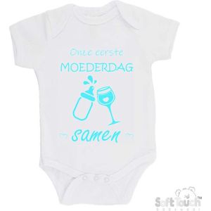 100% katoenen Romper "Onze eerste moederdag samen" Unisex Katoen Wit/aquablauw Maat 62/68