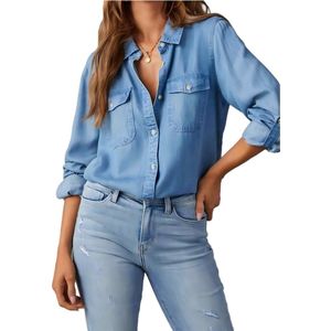 Dames overhemden met knoopjes, casual, lange mouwen, V-hals, chambray blousetop