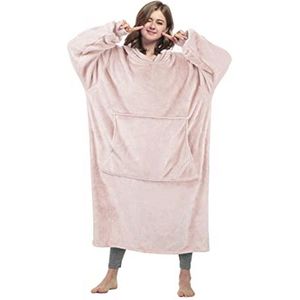 Extra grote fleece capuchondeken voor volwassenen en kinderen - draagbare, zachte en comfortabele sweatshirtdeken met capuchon in roze