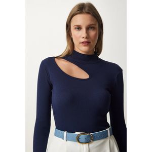 Happinessistanbul Donkerblauwe, Uitgesneden Gedetailleerde Geribde Gebreide Damesblouse Gt00065