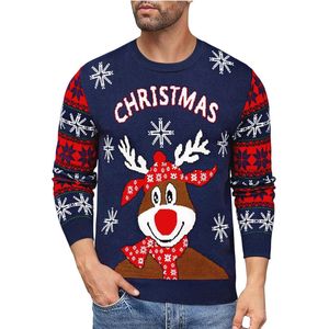 Uniexcosm Lelijke kersttruien voor heren, kersttrui voor heren, ronde hals, kersttrui, sweatshirt, rendier, sneeuwvlok, print, warme gebreide kleding voor herfst en winter