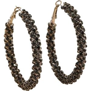 Ring Oorbellen Zwartkleurig staal - Zwart - Ronde oorbellen - Oorbellen met Glaskralen - Oorringen meisje / dames - Grote oorringen dames - Oorbellen ringen - Zwart - Black