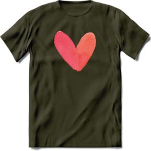 Valentijn Pastel waterverf Hart T-Shirt | Grappig Valentijnsdag Cadeautje voor Hem en Haar | Dames - Heren - Unisex | Kleding Cadeau | - Leger Groen - XXL