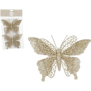 House of Seasons kerstboomversiering vlinders op clip - 2x st - champagne - 16 cm