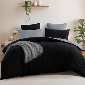 Omkeerbare Beddengoedset 200 x 200 cm – Zwart en Lichtgrijs – 3-delig – Microvezel – Tweekleurig Dekbedovertrek met Ritssluiting