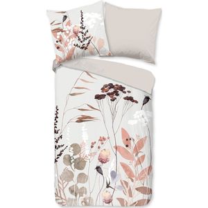 Dekbedovertrek 155x220 cm - Bloemen en Bladeren Print - Grijs - 1 Persoons - 100% Katoen - Oeko-Tex Gecertificeerd