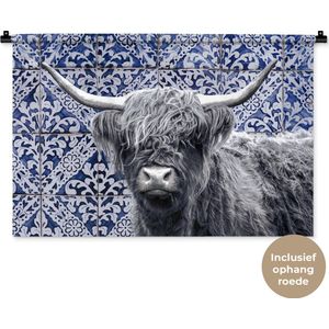 Wandkleed - Wanddoek - Schotse Hooglander - Delfts blauw - Zwart - Wit - 90x60 cm - Wandtapijt