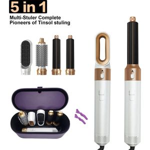 Shoppee Föhn Borstelset 5 in 1 - Ronde borstelset - Stijltang - Krultangen - Krultangen - Incl. 4 kopstukken, 2 clipjes en Tas - Roterende Snoer - Voor Nat en Droog