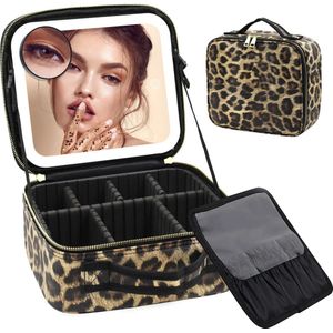 Nieuwe Grote Capaciteit High-End Gevoel Led Make-Up Tas 1/10 x Spiegel LUIPAARD Beautycase 26x24x12cm Draagbare Reis Cosmetische Opbergdoos Waterdicht -UV bestendig- Professionele make-uptas Reis Toilettas PANTER print- Cadeau-Make Up Koffer LUIPAARD